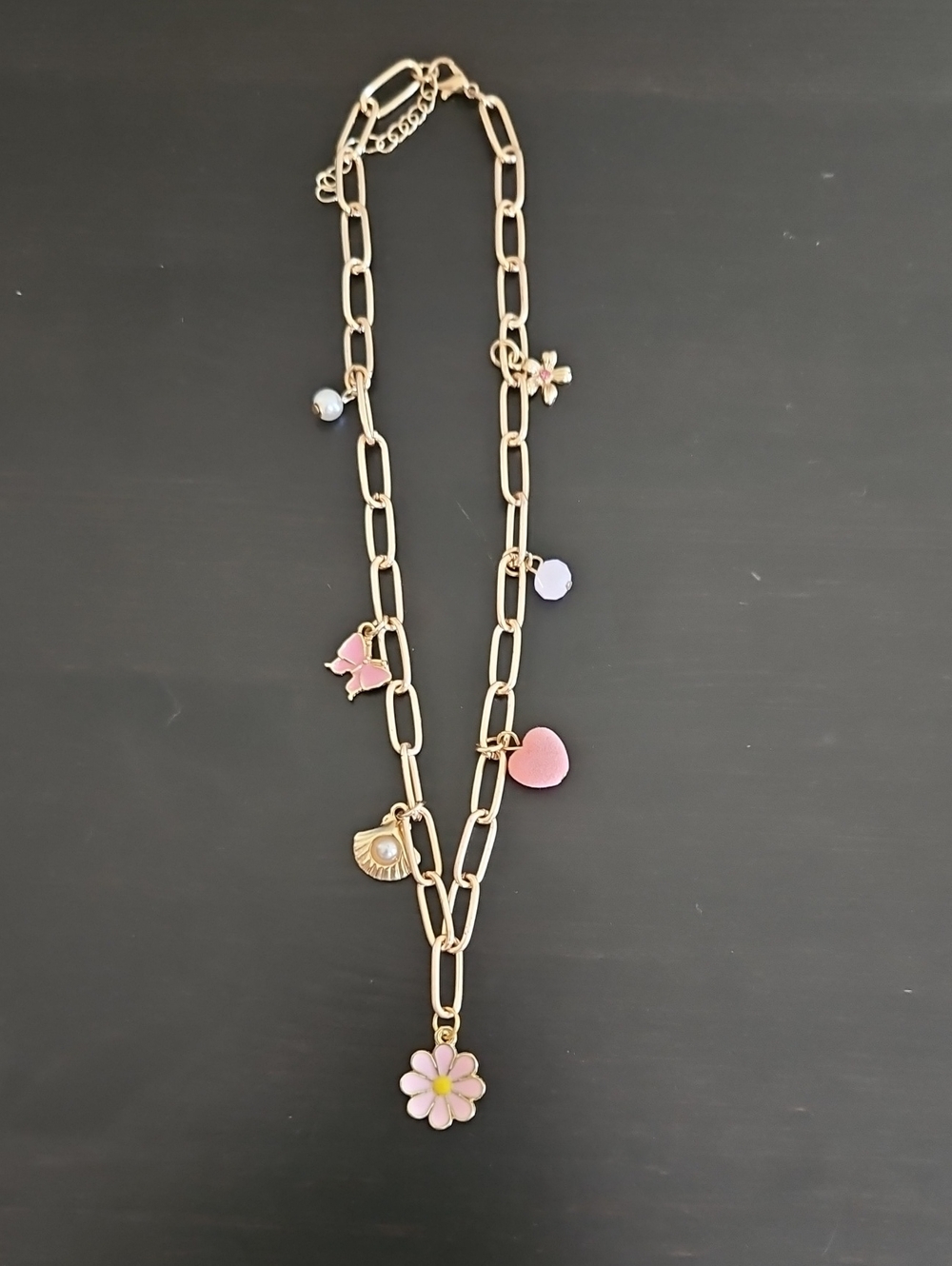 Source Unknown Gold-Tone Chain Necklace with Pink Flower and Heart Charms